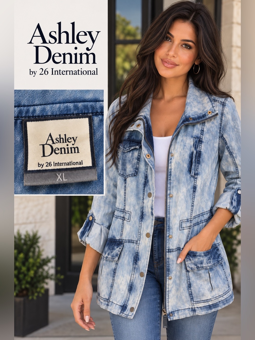 26 International Light Blue Washed Denim-Style Utility Jacket